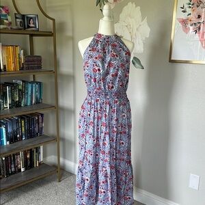 Wonderly Blue and Red floral Tiered Halter Maxi Dress